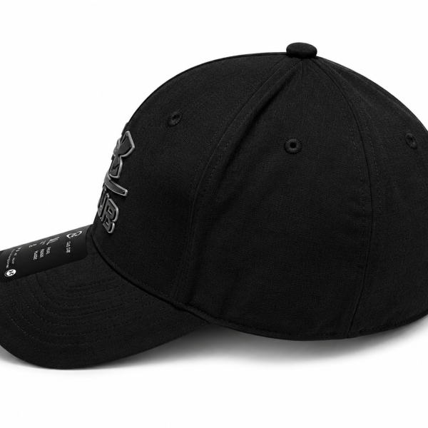 Black baseball cap with a silver metal logo on the front panel and curved brim.