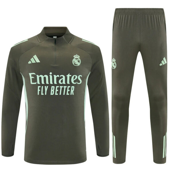 Real Madrid dark green training suit with Emirates Fly Better sponsor text and club crest on jersey; matching pants shown from front.