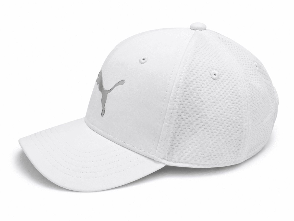 White baseball cap with a breathable mesh back and a silver leaping-cat logo on the front panel silhouette.