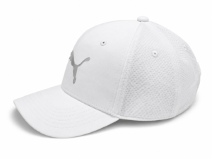 White baseball cap with a breathable mesh back and a silver leaping-cat logo on the front panel silhouette.