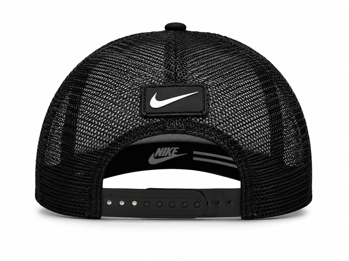 Rear view of a black mesh Nike trucker cap with an adjustable plastic snap closure and a rectangular Nike patch on the back.