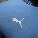 Close-up of a white Puma logo (cat silhouette) on blue athletic fabric.