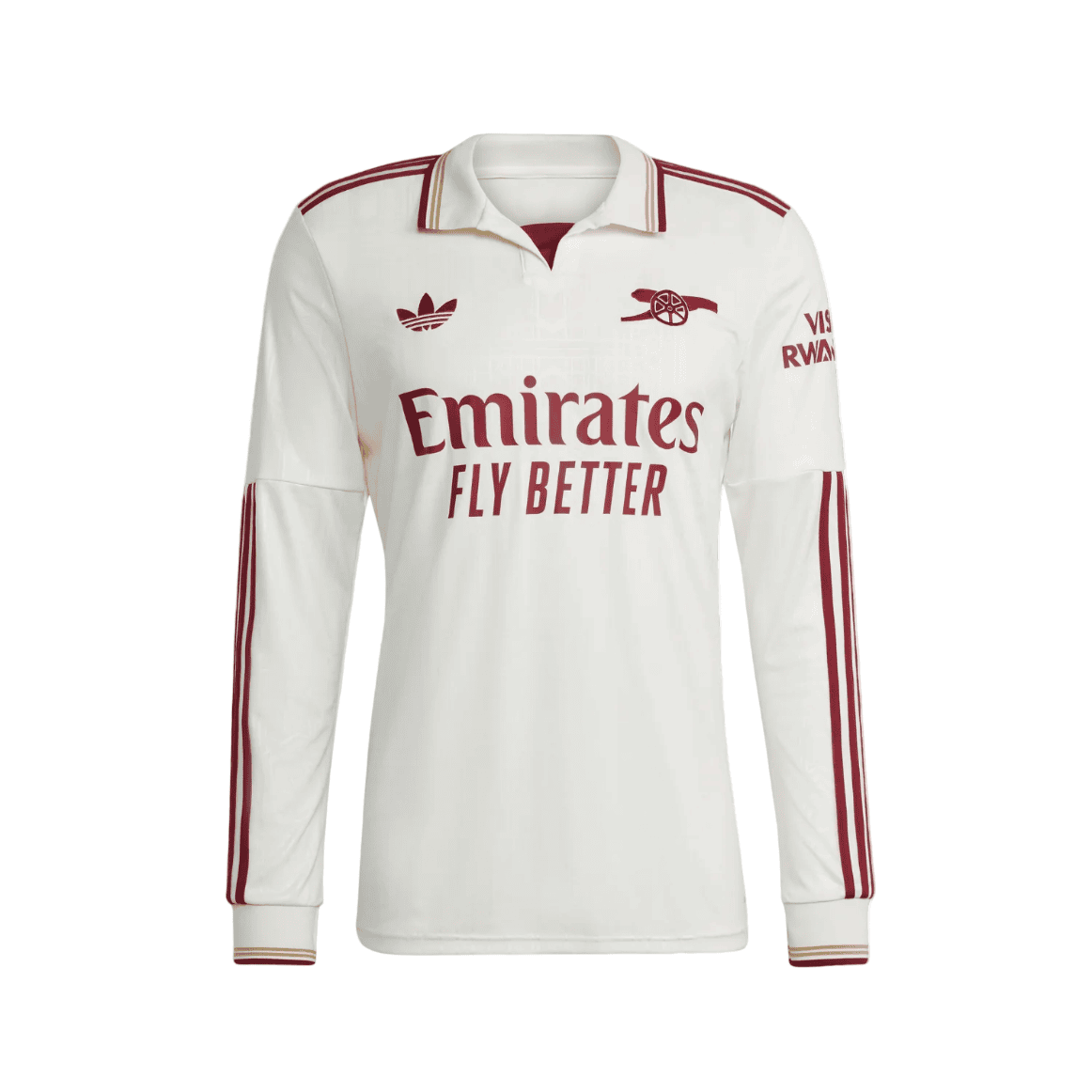 DF | UAE SPORT STORE White long-sleeve football jersey with Emirates Fly Better sponsor text and red team logos on chest and sleeves.