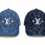 Two denim Louis Vuitton caps side by side with white LV logo and floral motifs on a light background, showing front view of each cap.