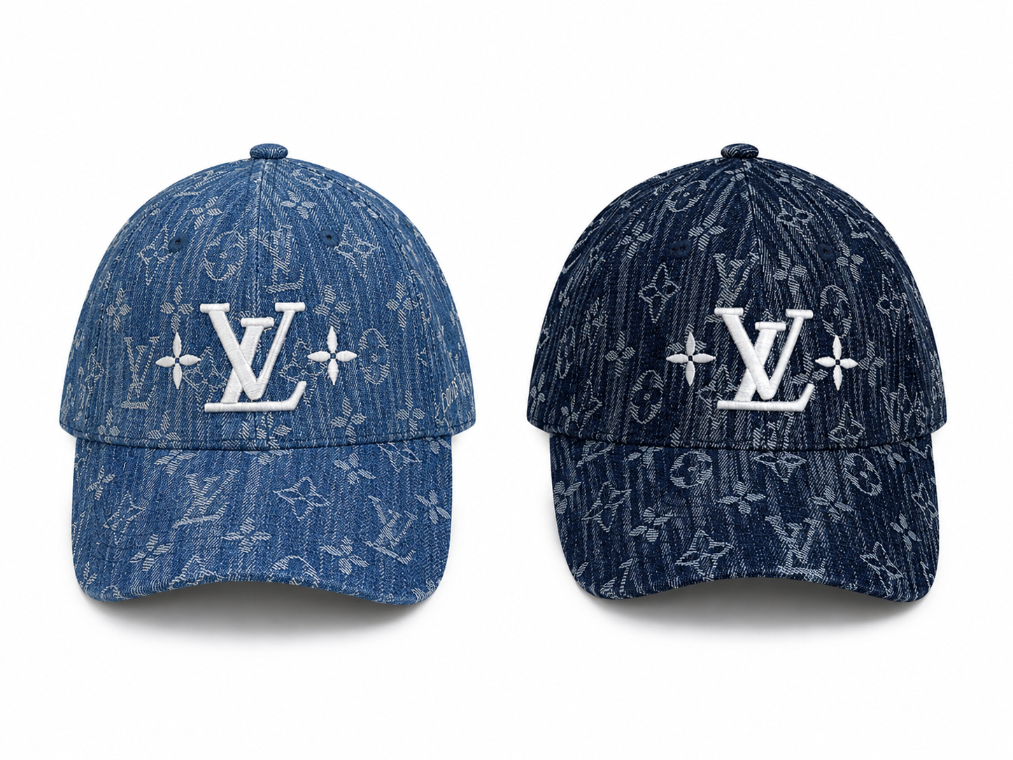 DF1321D2-0B44-4683-B18B-C664FE119D66 Two denim Louis Vuitton caps side by side with white LV logo and floral motifs on a light background, showing front view of each cap.