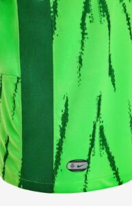 DHyDq9Ybo5TVY5i | UAE SPORT STORE Close-up of a neon green sports jersey with a dark green side stripe and a small oval patch containing a crest and a Nike logo.