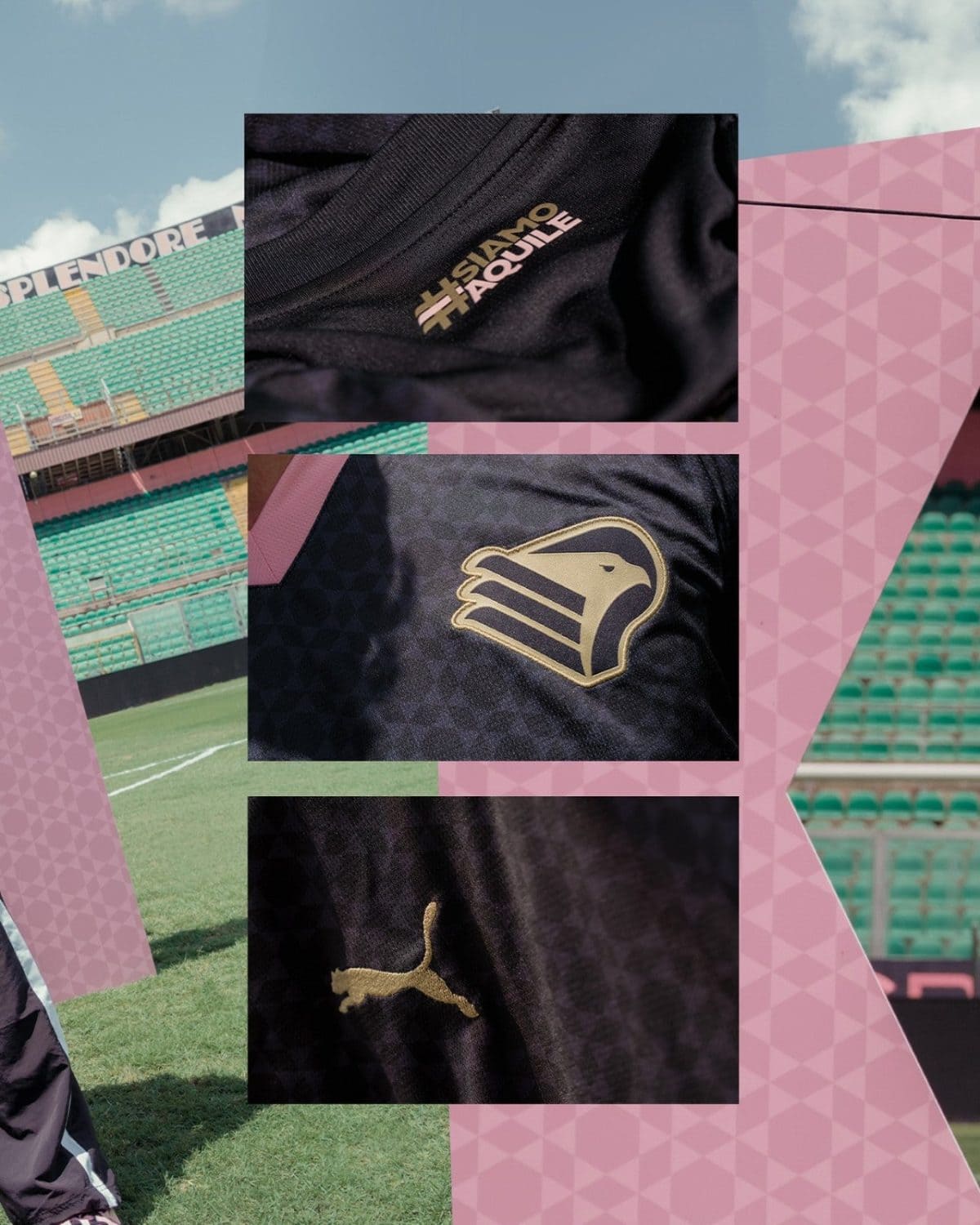 Collage of a sports stadium backdrop with pink geometric shapes; close-up of a black jersey with a gold Puma logo and another close-up with a crest-like design in gold.