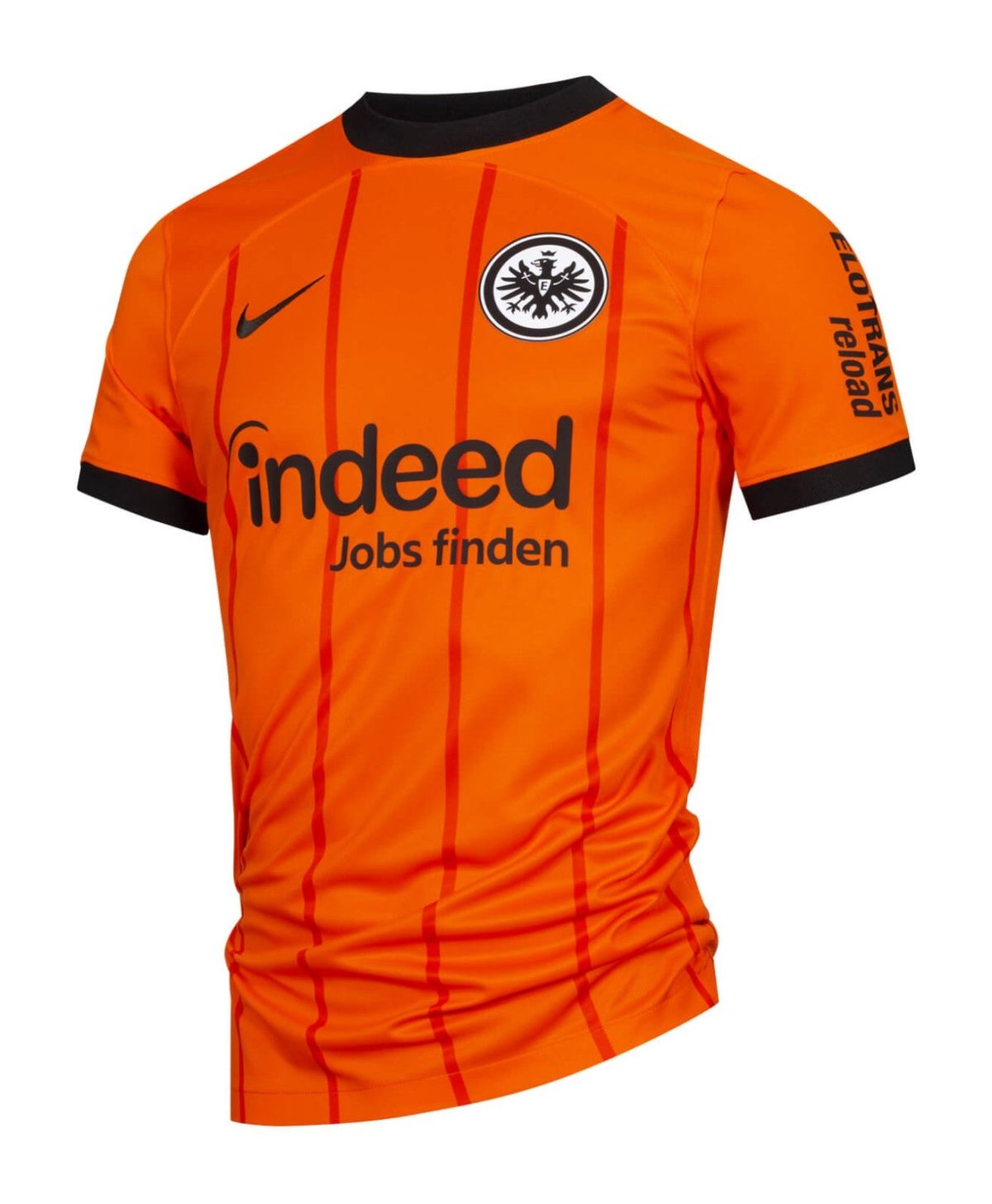 Orange soccer jersey with black collar, crest on the left chest, and 'indeed Jobs finden' sponsor text across the front.