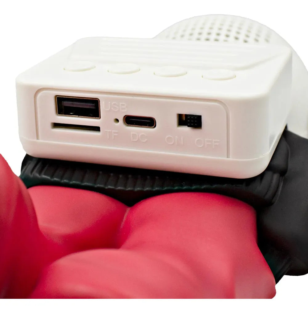 D_NQ_NP_2X_782258-MLM105766185261_012026-F-bocina-lampara-led-inalambrica-astronauta-balon-futbol | UAE SPORT STORE Close-up of a small white gadget with USB, TF card, DC ports and an on/off switch, being held by a red-clad hand.