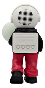 D_NQ_NP_2X_846610-MLM105765654343_012026-F-bocina-lampara-led-inalambrica-astronauta-balon-futbol | UAE SPORT STORE Back view of a toy astronaut with a white speaker backpack, red pants, black shoes, holding a pale green disc.