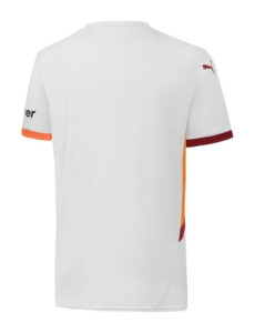 Back view of a white Puma athletic jersey with orange and burgundy trim on the sleeves.