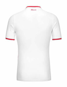 DbQ7A5YF7GB4b1R | UAE SPORT STORE White polo shirt seen from the back with red piping on the collar and sleeve cuffs; small red '100 YEARS' logo at the neckline.