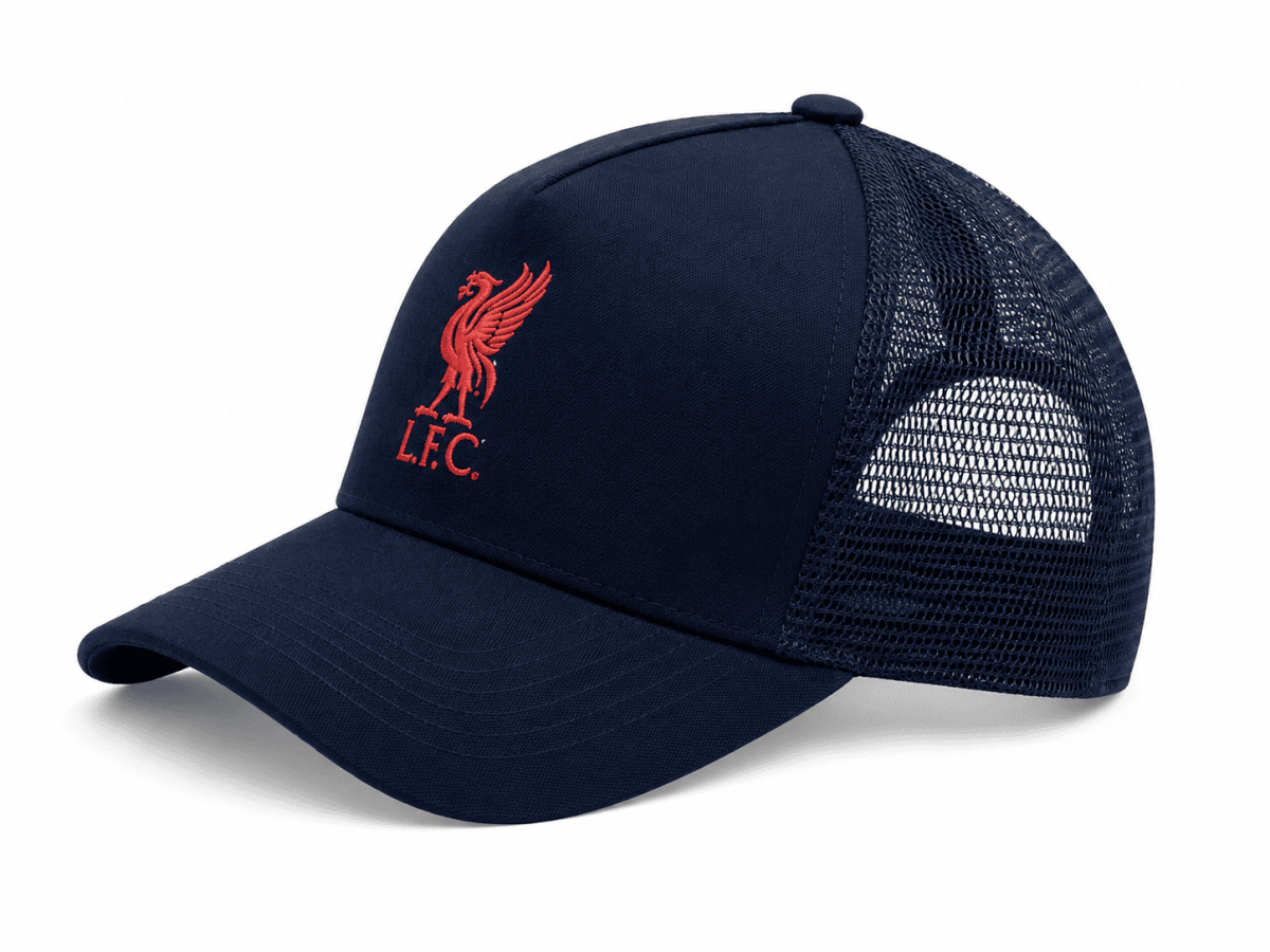 Navy blue trucker cap with red Liverpool FC emblem on the front and a mesh back.