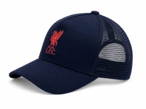 Navy blue trucker cap with red Liverpool FC emblem on the front and a mesh back.