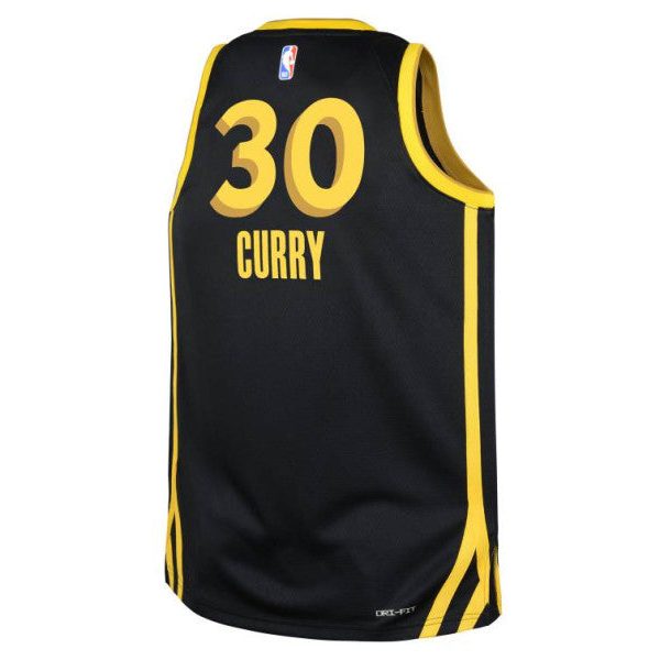 Back view of a black basketball jersey with yellow trim, displaying number 30 and the name CURRY.