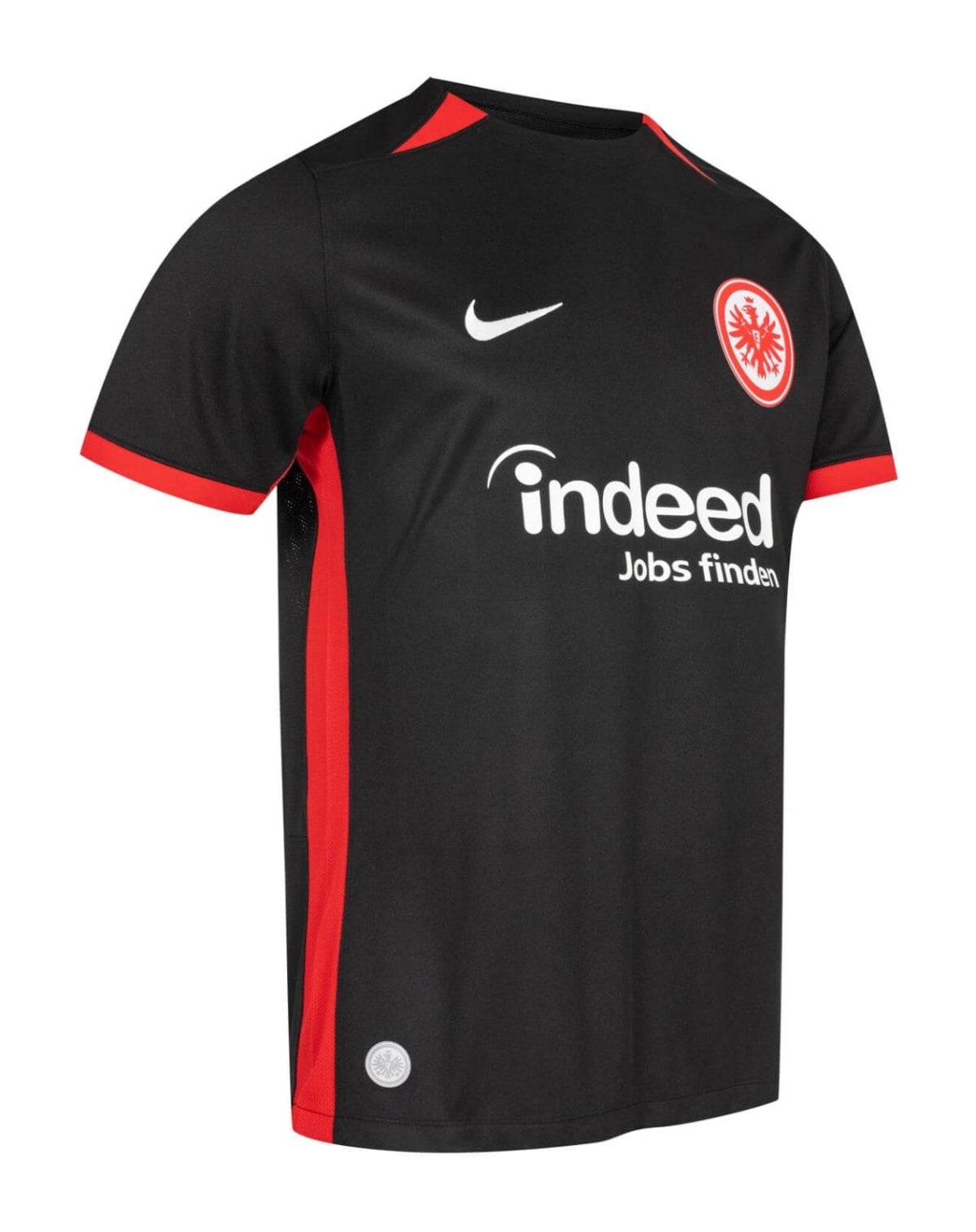 Black soccer jersey with red trim, white Nike swoosh, club crest on the chest and 'indeed' sponsor text (Germany).