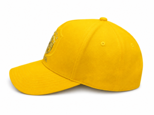 Bright yellow baseball cap with a gold shield emblem on the front panel