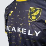 Close-up of a dark jersey with yellow speckled pattern, showing a yellow-bordered crest featuring a bird and castle on the chest.