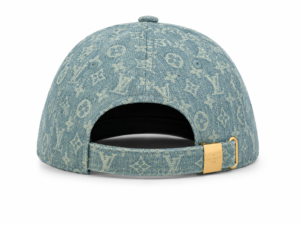 ED0B137D-70BA-4F16-83F1-A2CFD5883D86 | UAE SPORT STORE Back view of a blue denim Louis Vuitton cap with monogram pattern and a gold buckle strap closure