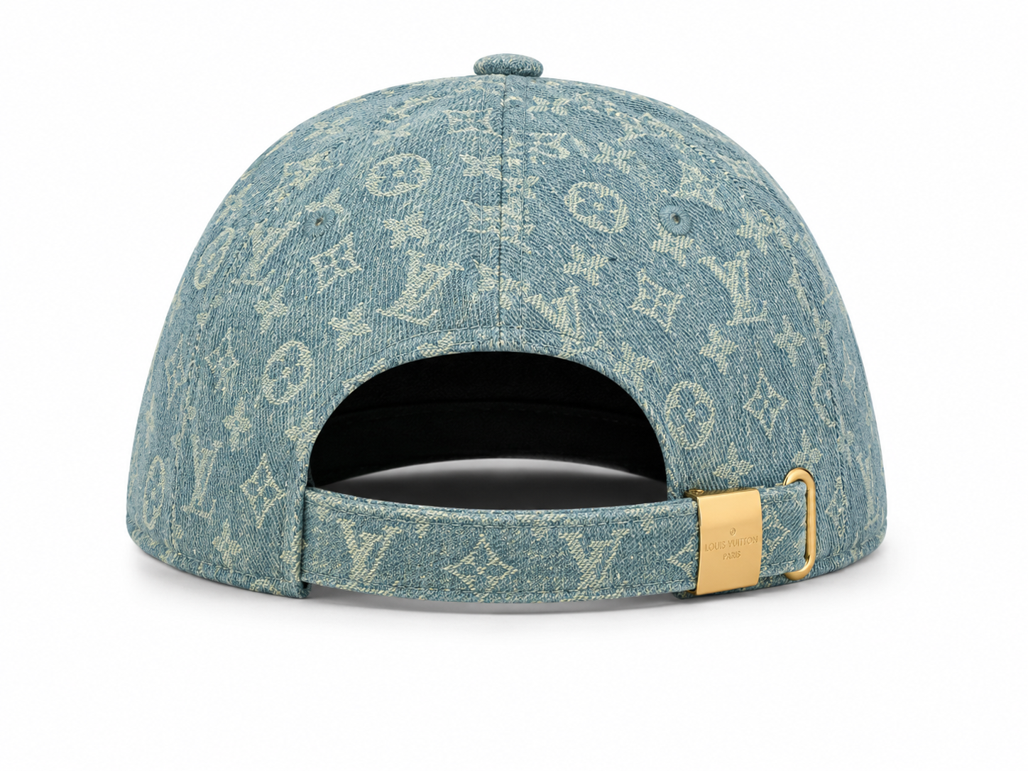 ED0B137D-70BA-4F16-83F1-A2CFD5883D86 | UAE SPORT STORE Back view of a blue denim Louis Vuitton cap with monogram pattern and a gold buckle strap closure