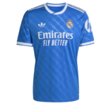 Blue Real Madrid soccer jersey with Emirates Fly Better sponsor and club crest on chest, front view.