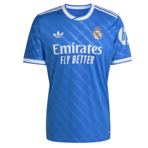 Blue Real Madrid soccer jersey with Emirates Fly Better sponsor and club crest on chest, front view.