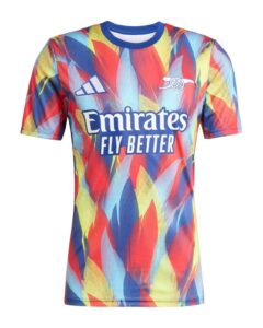 Bright multi-color soccer jersey with Emirates Fly Better slogan and Arsenal crest on the chest.