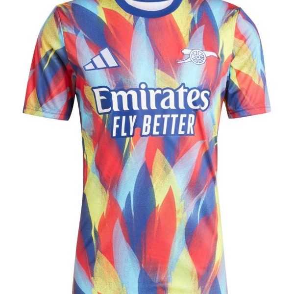 Bright multi-color soccer jersey with Emirates Fly Better slogan and Arsenal crest on the chest.
