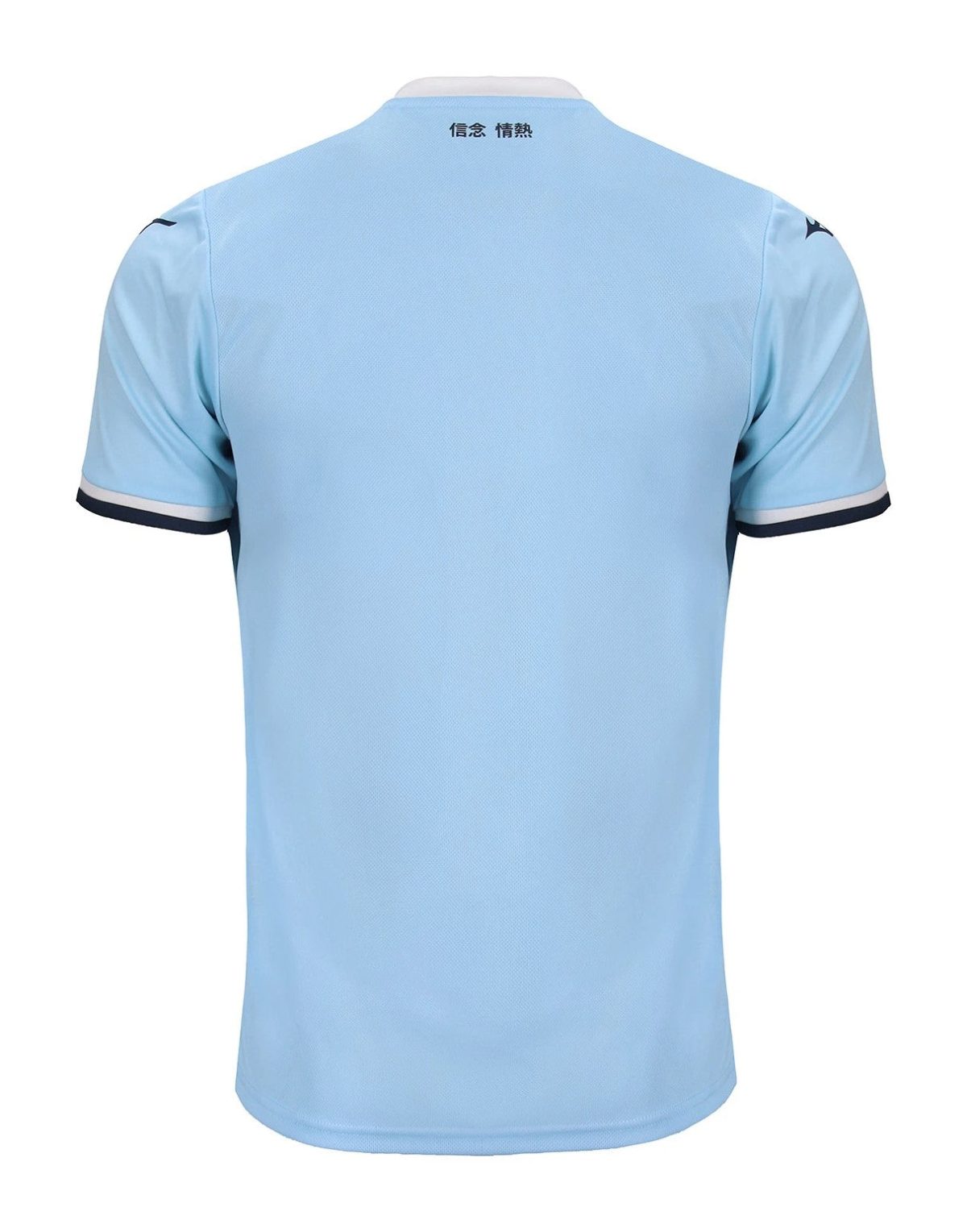 Back view of a light blue polo shirt with a white collar and dark navy sleeve cuffs.