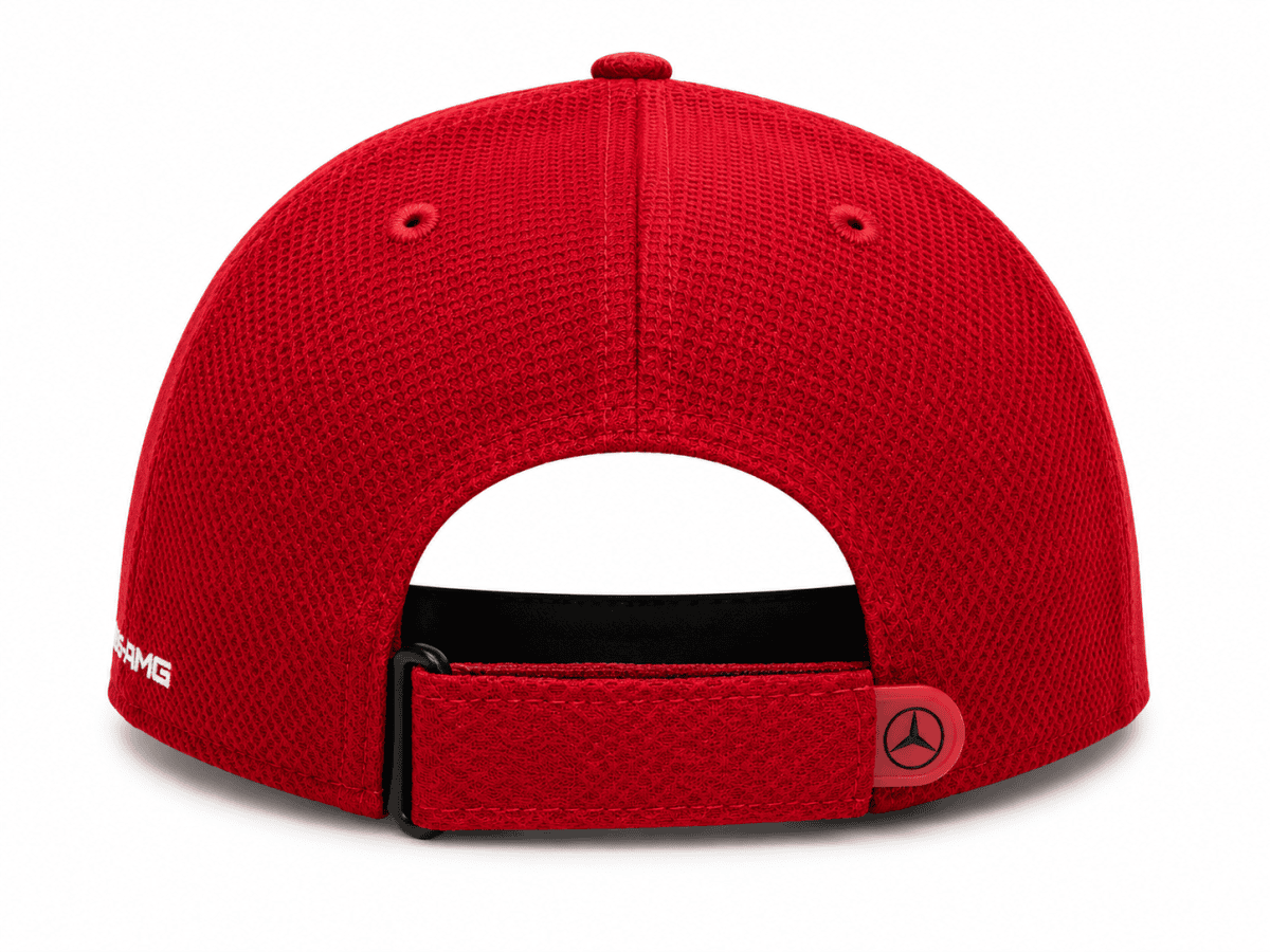 Red mesh-back baseball cap shown from the back with an adjustable strap and a circular red logo patch on the strap.