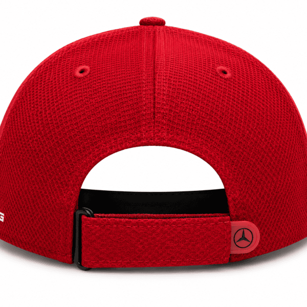 Red mesh-back baseball cap shown from the back with an adjustable strap and a circular red logo patch on the strap.