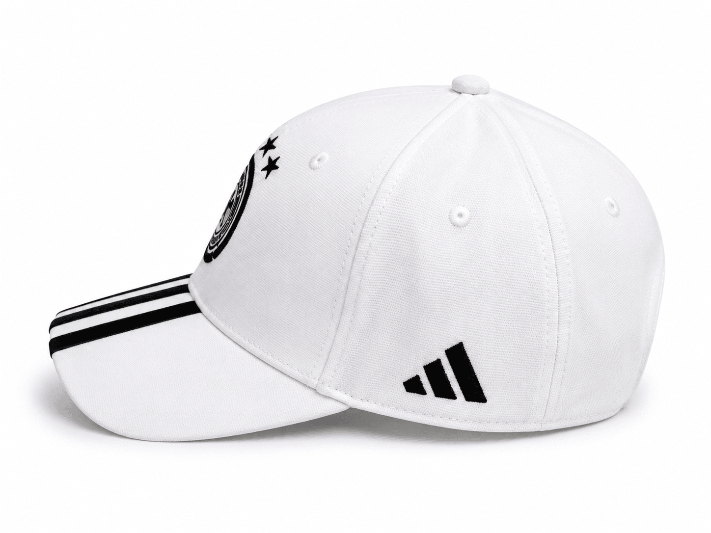 F1687E76-2FCF-4696-972F-DEE2AB257E54 | UAE SPORT STORE White baseball cap with black stripes on the brim and an Adidas logo on the side edge.
