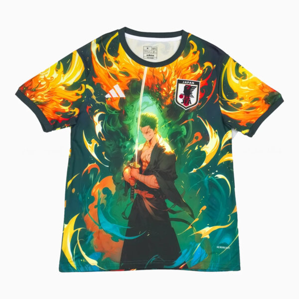 Anime-style graphic T-shirt showing a sword-wielding warrior amid orange flames and green energy, with Adidas logo and Japan badge.