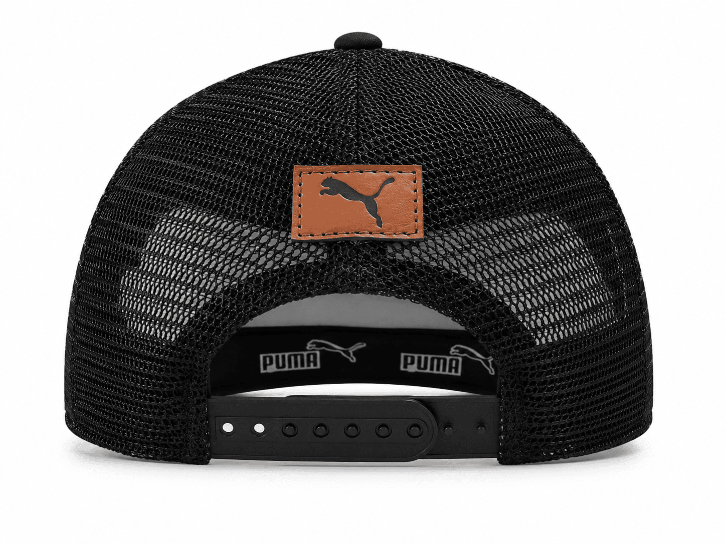 F35D0AE2-B605-4D84-AEA0-46453E82258B | UAE SPORT STORE Back view of a black mesh trucker cap with a brown leather Puma patch and an adjustable plastic snap closure. Used as a casual cap product image.