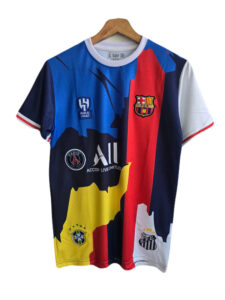 Colorful soccer jersey with FC Barcelona crest and sponsor logos on abstract red, blue, yellow blocks.