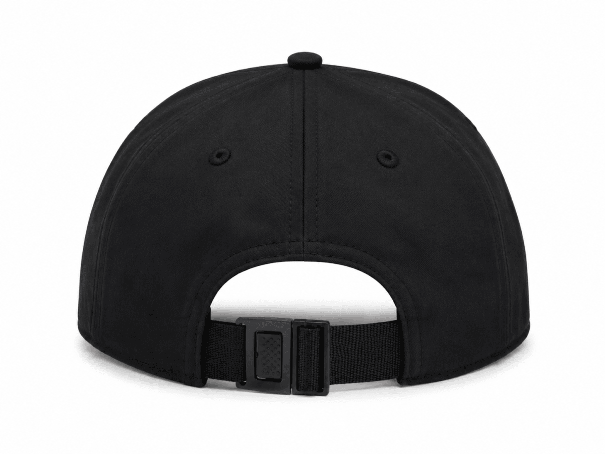 Back view of a black baseball cap with an adjustable strap and buckle at the rear.