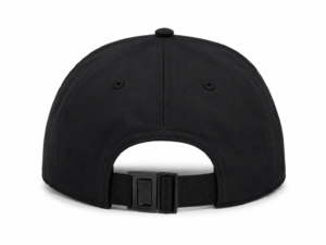 Back view of a black baseball cap with an adjustable strap and buckle at the rear.