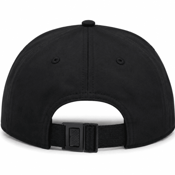 Back view of a black baseball cap with an adjustable strap and buckle at the rear.