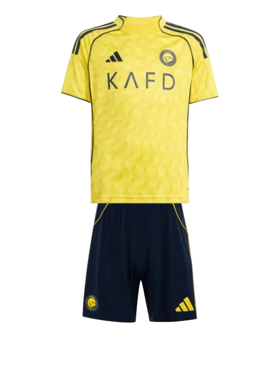 Yellow Adidas football jersey with navy shorts; features black stripes on shoulders, KAFD sponsor text, and team crest on chest.