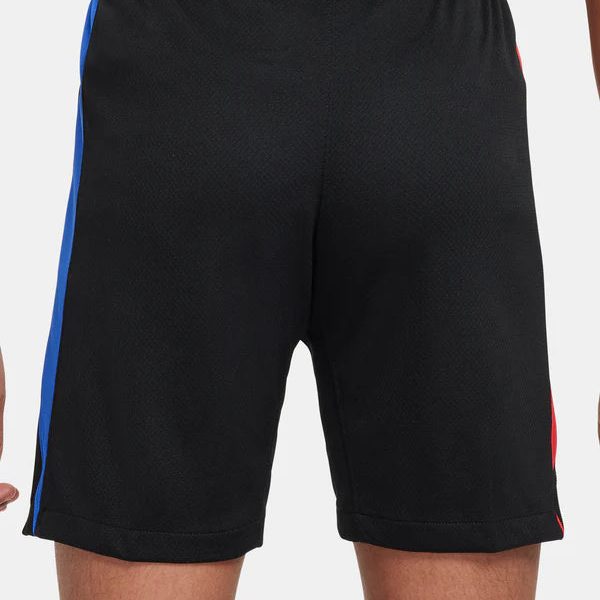 Back view of black athletic shorts with a blue side stripe on a person.
