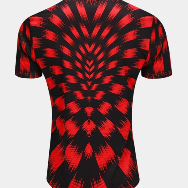 Back view of a short-sleeve T-shirt with a red and black radial tie-dye pattern and a crew neck