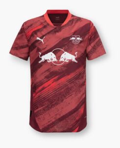 Fo0CPrUuejoQhya | UAE SPORT STORE Red and maroon striped Puma RB Leipzig football jersey featuring a white crest and two charging bulls logo on the chest.