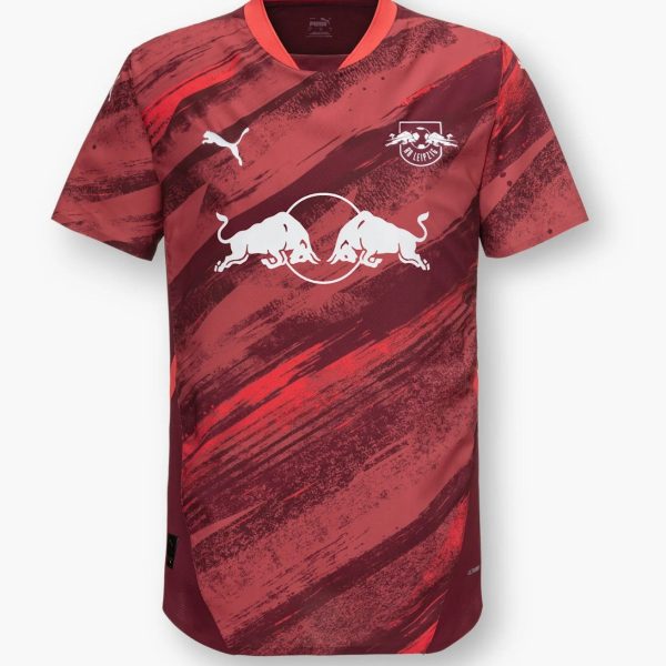 Red and maroon striped Puma RB Leipzig football jersey featuring a white crest and two charging bulls logo on the chest.