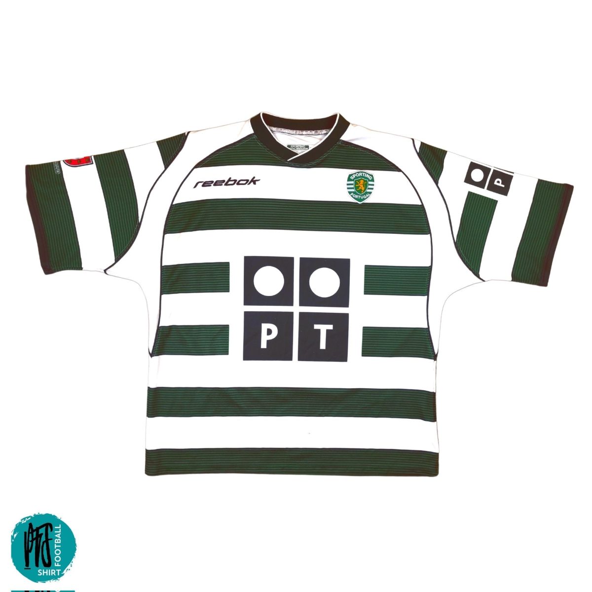 White and green striped football jersey with Sporting Portugal crest and Reebok logo on chest.