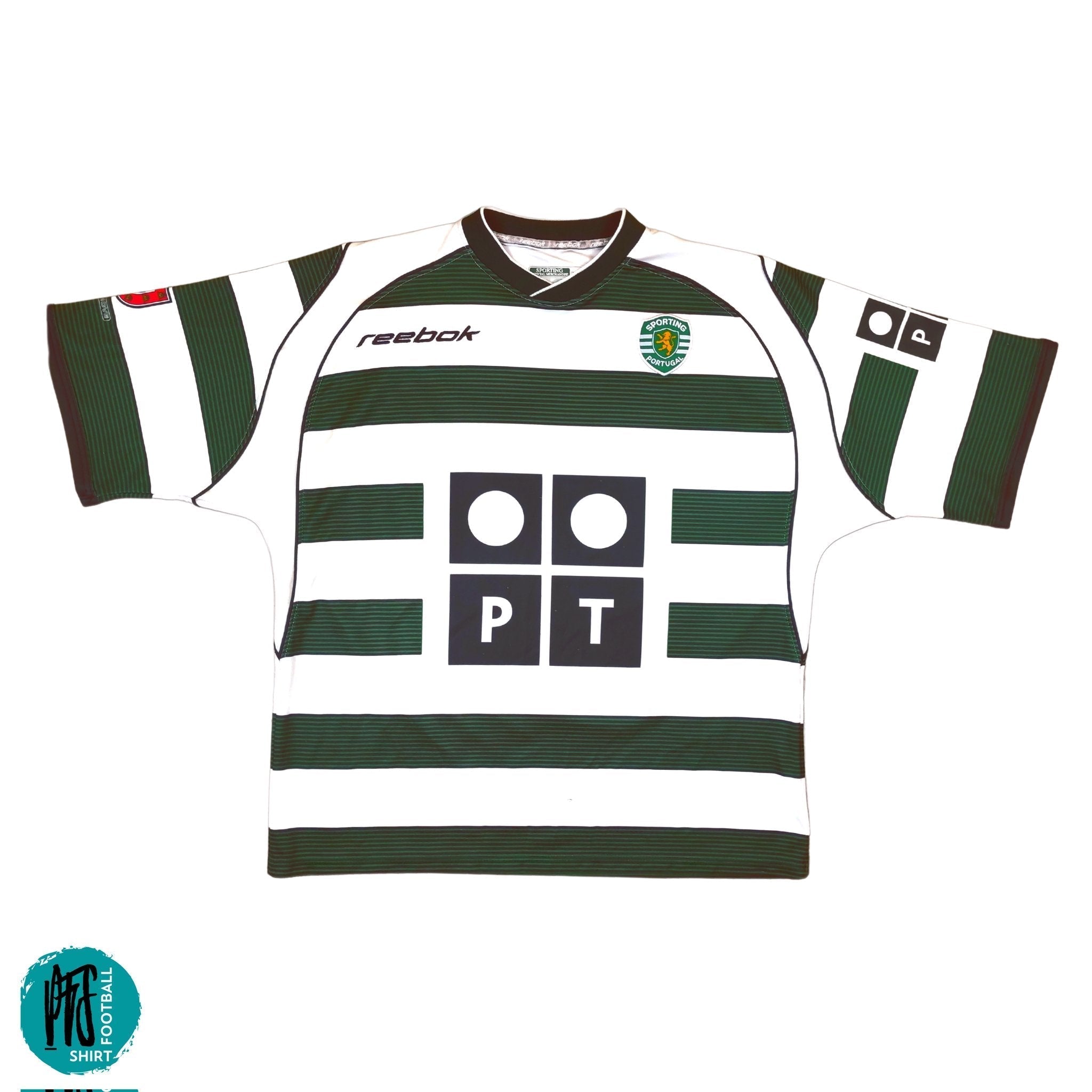 Fo3JaV0aEAAN1NL_178afb15-be11-4096-98c1-53217999d4c0 | UAE SPORT STORE White and green striped football jersey with Sporting Portugal crest and Reebok logo on chest.