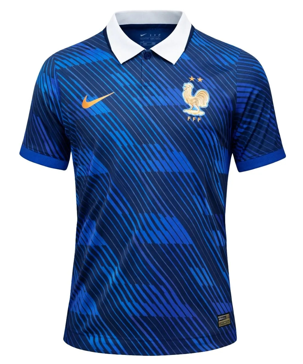 France-FIFA-World-Cup-Jersey-2026 | UAE SPORT STORE Blue Nike France national team jersey with white collar, gold swoosh, and FFF crest; features diagonal stripe pattern in dark and light blue.