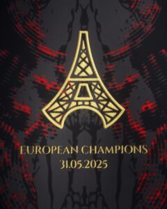 FrontLogo_3000x_03df5b5a-e7e6-4688-a048-533106e7c5ca | UAE SPORT STORE Gold embroidered triangular emblem on a dark, red-splattered background, reading 'European Championships' with the date 31.05.2025.