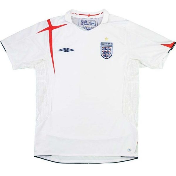 White England football jersey with crest and Umbro logo, front view, short sleeves with red accent.
