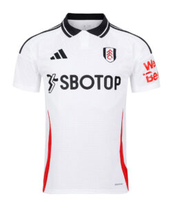 GGzYr7khMztBgOr | UAE SPORT STORE White football jersey with black collar trim and red side panels, featuring the SBOTOP sponsor and Fulham crest on the chest (front view).