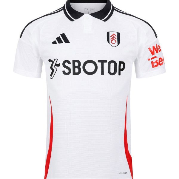 White football jersey with black collar trim and red side panels, featuring the SBOTOP sponsor and Fulham crest on the chest (front view).